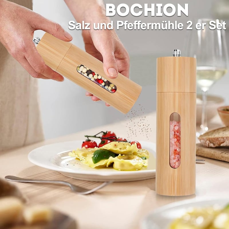 BOCHION Só és Borsőrlő Szett 2 db Kerámia Malommal, Fa Kézi Fűszermalom 18 cm
