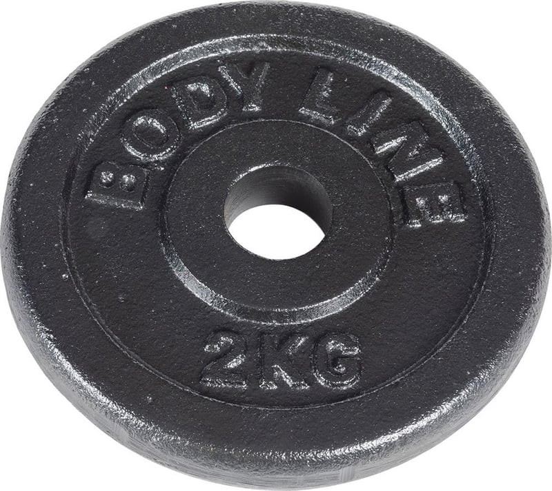 Disc de greutate din fontă Bodyline 2 kg pentru bară și gantere - Diametru 25 mm - Pentru sală și antrenament acasă