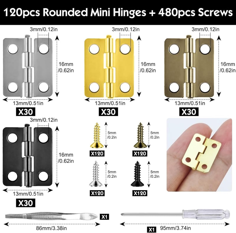 Bohoray 120 db Kihajtható Fém Zsanér Szett 16x13mm 4 Szín + 480 Csavar és Csavarhúzó