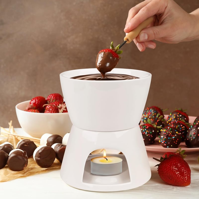 Bohrma Kerámia Fondue Készlet Fehér Csokis és Sajtfondue Edénnyel Gyertyával