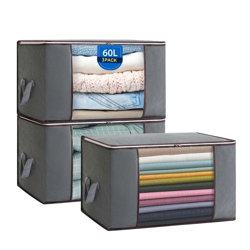 Set 3 Cutii de Depozitare Pliabile pentru Haine Boic, 60L, cu Fermoar și Capac