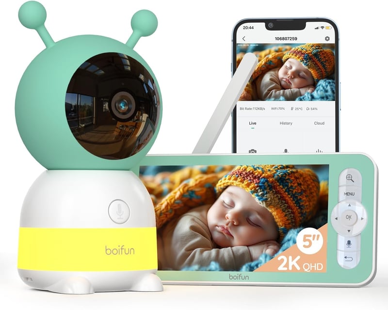 Detská pestúnka BOIFUN 2K s 5-palcovým displejom, 360° otáčaním, detekciou pohybu, automatickým sledovaním, farebným nočným svetlom, mobilnou aplikáciou a 4x priblížením