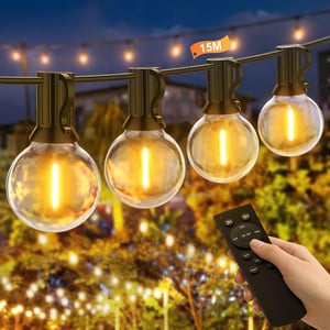 Ghirlandă luminoasă LED BokiHuk pentru interior și exterior cu telecomandă, reglabilă, 15 m, cu becuri G40 rezistente la apă și temporizator, pentru petreceri, terasă și balcon