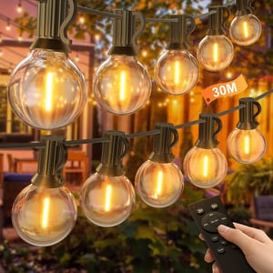 Ghirlandă luminoasă LED de exterior BokiHuk, 30 m, cu telecomandă, becuri G40 reglabile și rezistente la apă, cu temporizator, pentru grădină, terasă, balcon și interior