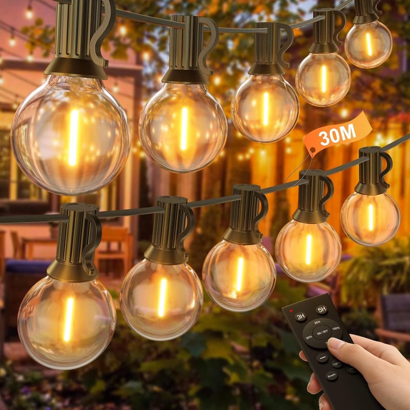 Ghirlandă luminoasă LED de exterior BokiHuk, 30 m, cu telecomandă, becuri G40 reglabile și rezistente la apă, cu temporizator, pentru grădină, terasă, balcon și interior