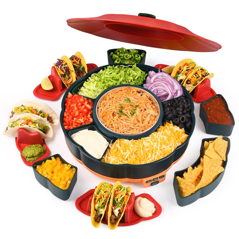 Set Petrecere BOLLFO Taco Tuesday - Încălzitor cu 3 Trepte de Temperatură, 6 Tăvițe, 4 Suporturi pentru Taco, Recipient de 940 ml, Tavă Rotativă Lazy Susan pentru Servire Nachos și Fajitas, Verde