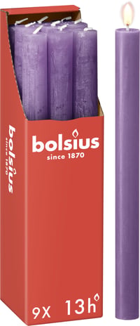 Bolsius Rustic svijeća štapić ljubičasta 9 kom - 27 x 2,3 cm, 13 sati gorenja, bez mirisa, prirodni biljni vosak, bez palminog ulja 1