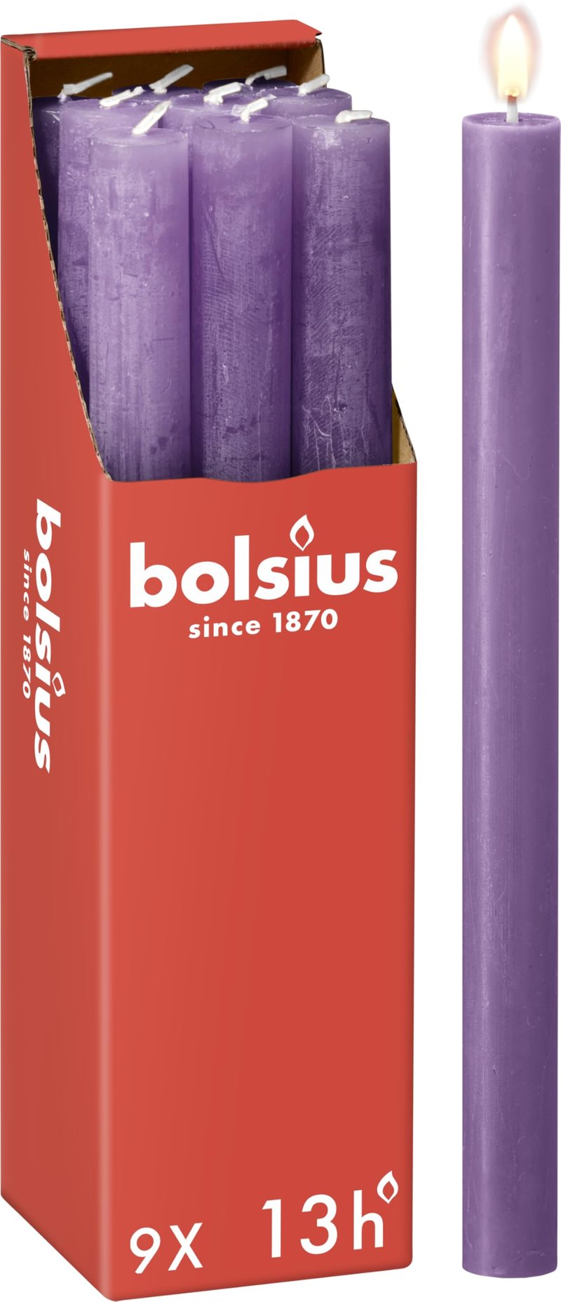 Bolsius Rustic svijeća štapić ljubičasta 9 kom - 27 x 2,3 cm, 13 sati gorenja, bez mirisa, prirodni biljni vosak, bez palminog ulja