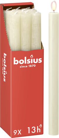 Rustikálne sviečky Bolsius, farba slonovinová kosť, 9 ks, 27 x 2,3 cm, doba horenia 13 hodín, bez vône, prírodný rastlinný vosk, bez palmového oleja 1