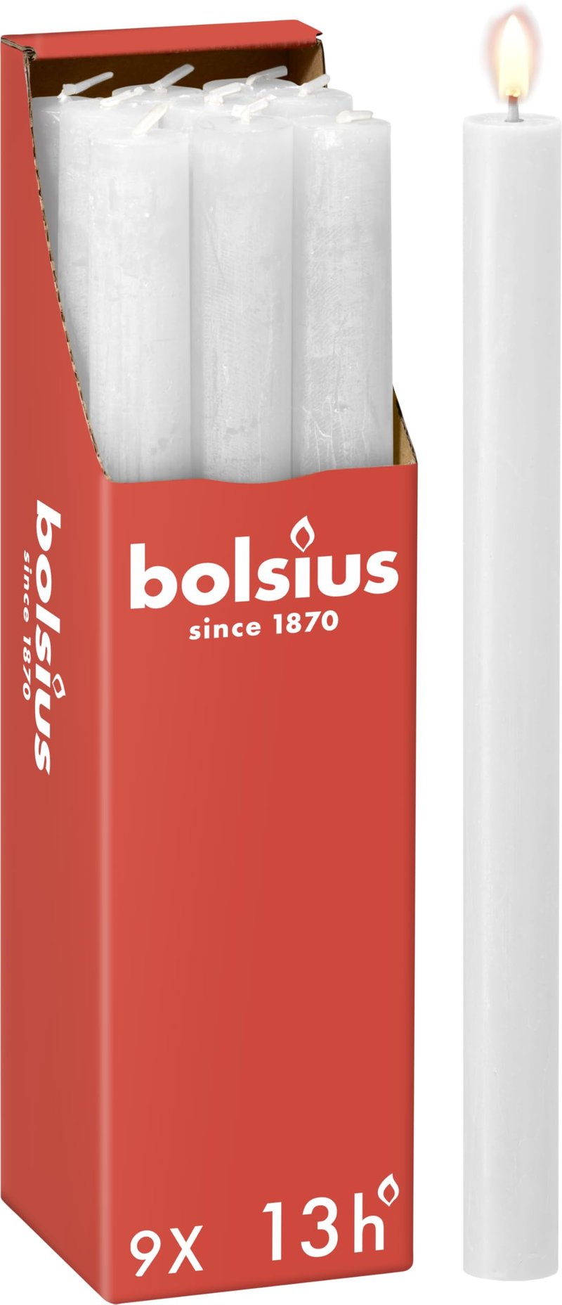 Bolsius Rustik svijeće bijele 9 kom 27x2,3 cm vrijeme gorenja 13 sati bez mirisa prirodni biljni vosak bez palminog ulja