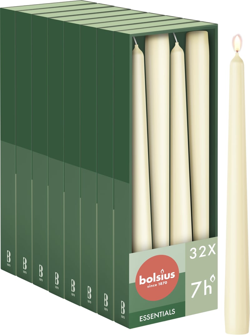 Bolsius Hladké sviečky - Slonová kosť - 32 ks - Dekoratívne domáce sviečky - Doba horenia 7 hodín - Bez vône - Prírodný rastlinný vosk - P