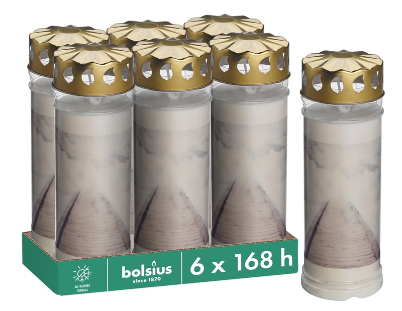 Bolsius nadgrobni lampion s motivom bijelog oblaka – 6 kom – 168 sati gorenja – mirisna, bez palminog ulja, pogrebna svijeća