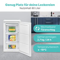Mini mraznička Bomann GS 7256, 60 l, 3 zásuvky, 4 hviezdičky, tichá, biela, vymeniteľný záves dverí, do -18 °C 4