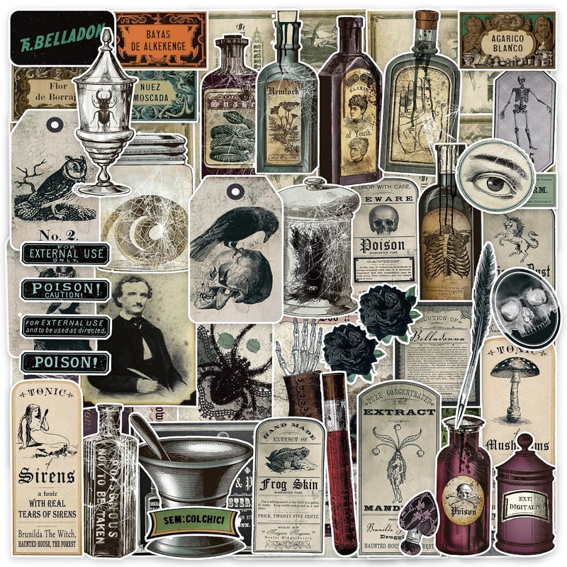 Set 106 autocolante pentru poțiuni magice bomichi – Etichete autoadezive „Apotecar Întunecat” pentru sticle de vin și scrapbooking – Decorațiuni de Halloween, accesorii Wicca, pentru jurnal și proiecte DIY