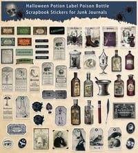 Set 106 autocolante pentru poțiuni magice bomichi – Etichete autoadezive „Apotecar Întunecat” pentru sticle de vin și scrapbooking – Decorațiuni de Halloween, accesorii Wicca, pentru jurnal și proiecte DIY 7