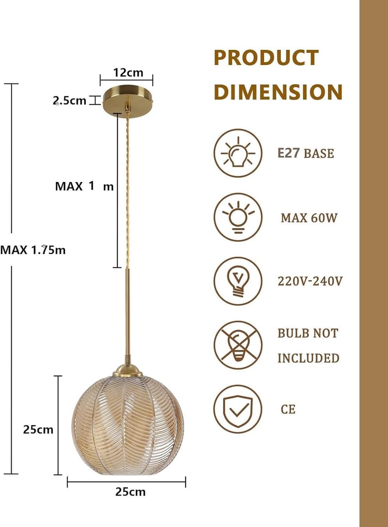 Bomiel Borostyán Üveg Függőlámpa 25cm Levél Mintás Magasságállítható E27 - Amber