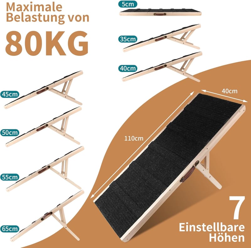 BommJokker 110 cm-es állítható kutyalépcső 35-65 cm magasság 7 fokozat fa