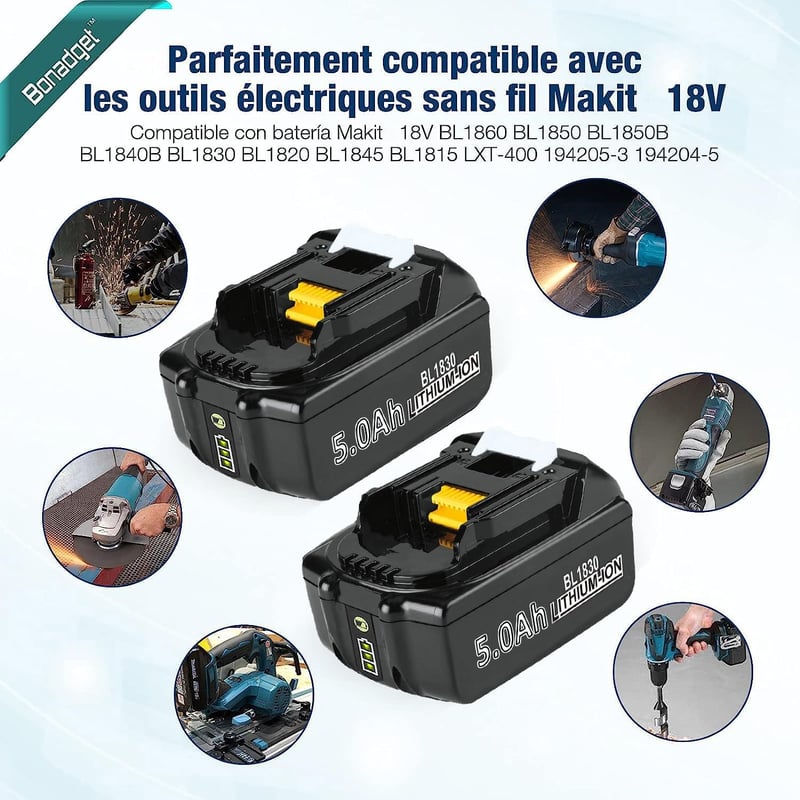 Bonadget 2 db 18V 5.0Ah akku és 4A DC18RC töltő Makita 14.4-18V BL1830 BL1850 BL1840 kompatibilis eszközhöz