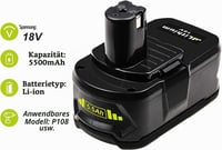 Bonadget 2x 18V 5,5Ah P108 náhradný akumulátor pre Ryobi ONE+ – 5500mAh kompatibilná náhradná batéria 2