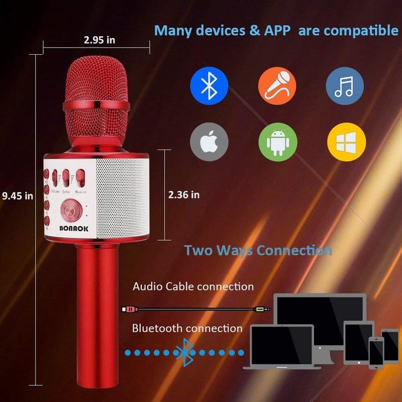 BONAOK 3 az 1-ben vezeték nélküli karaoke mikrofon piros, Bluetooth