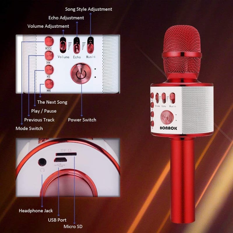 BONAOK 3 az 1-ben vezeték nélküli karaoke mikrofon piros, Bluetooth
