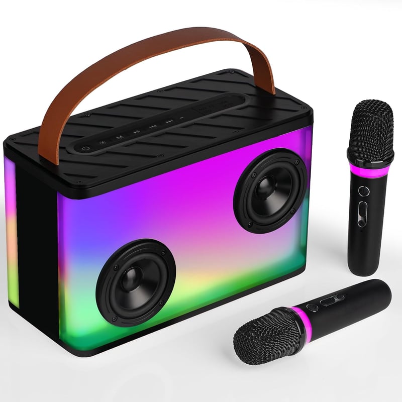 BONAOK hordozható Bluetooth karaoke rendszer 2 mikrofonos felnőtt karaoke készlet lámpákkal fekete dobozzal otthonra partihoz piknikhez kült
