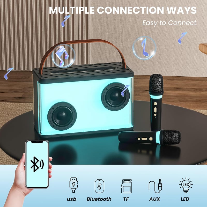 BONAOK hordozható Bluetooth karaoke rendszer 2 mikrofonos felnőtt karaoke készlet lámpákkal fekete dobozzal otthonra partihoz piknikhez kült