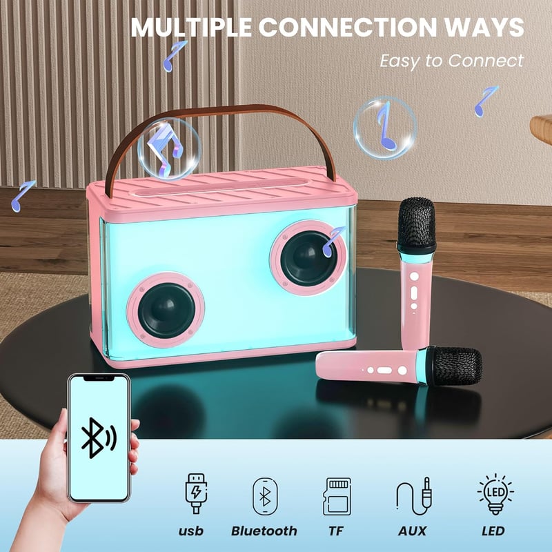 BONAOK Karaoke rendszer 2 mikrofonnal, Bluetooth hangszóróval és LED fényekkel