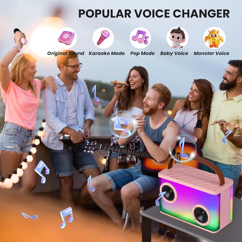 BONAOK Karaoke rendszer 2 mikrofonnal, Bluetooth hangszóróval és LED fényekkel
