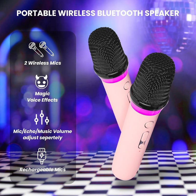 BONAOK Karaoke rendszer 2 mikrofonnal, Bluetooth hangszóróval és LED fényekkel