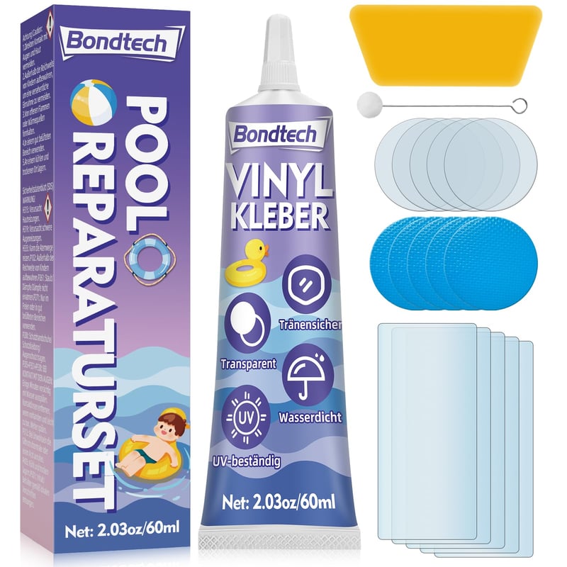 Set de reparații pentru piscină Bondtech, 60 ml - petice transparente impermeabile pentru saltele gonflabile, caiace, bărci și folii de piscină