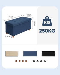 Bonlife Tárrolós Pad Kék 76x38x38cm Összecsukható Tárolóláda 3