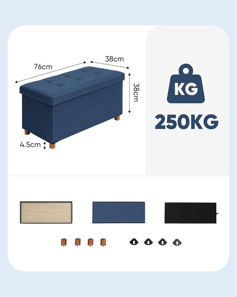 Bonlife Tárrolós Pad Kék 76x38x38cm Összecsukható Tárolóláda