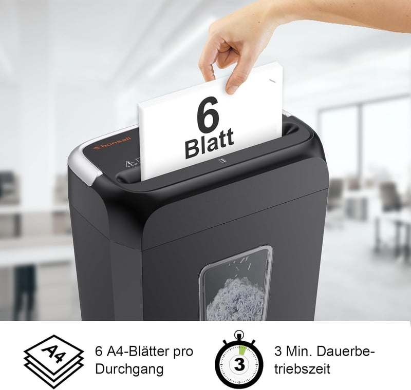 Bonsaii C237-B Iratmegsemmisítő 6 Lap Kapacitás, P-4 Biztonsági Szint, 13L Gyűjtőtartály - 6-Sheet