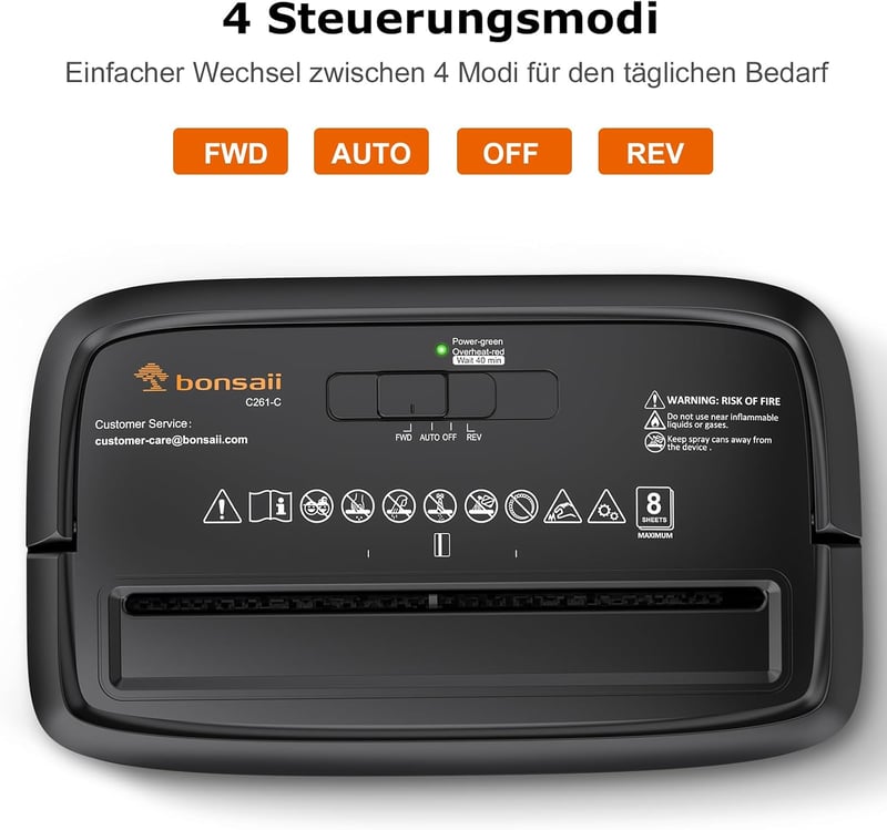 bonsaii C261-C 8 lapos papírvágó aprítógép P-4 biztonsági szinttel, keresztvágás 5 x 14 mm, fekete, 16 l gyűjtő, Start Stop, túlmelegedés vé