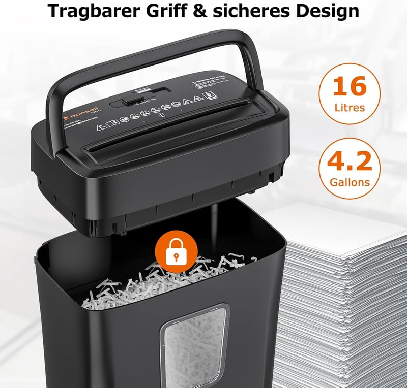 bonsaii C261-C 8 lapos papírvágó aprítógép P-4 biztonsági szinttel, keresztvágás 5 x 14 mm, fekete, 16 l gyűjtő, Start Stop, túlmelegedés vé