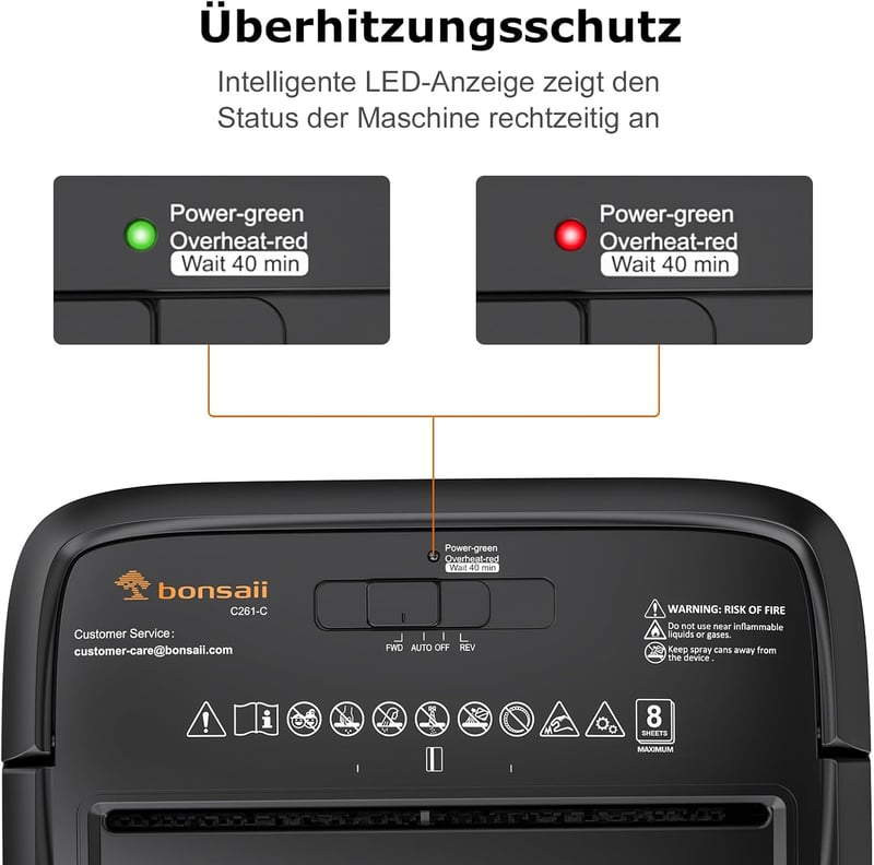 bonsaii C261-C 8 lapos papírvágó aprítógép P-4 biztonsági szinttel, keresztvágás 5 x 14 mm, fekete, 16 l gyűjtő, Start Stop, túlmelegedés vé