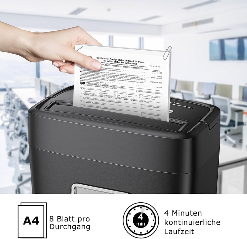 bonsaii C261-C 8 lapos papírvágó aprítógép P-4 biztonsági szinttel, keresztvágás 5 x 14 mm, fekete, 16 l gyűjtő, Start Stop, túlmelegedés vé