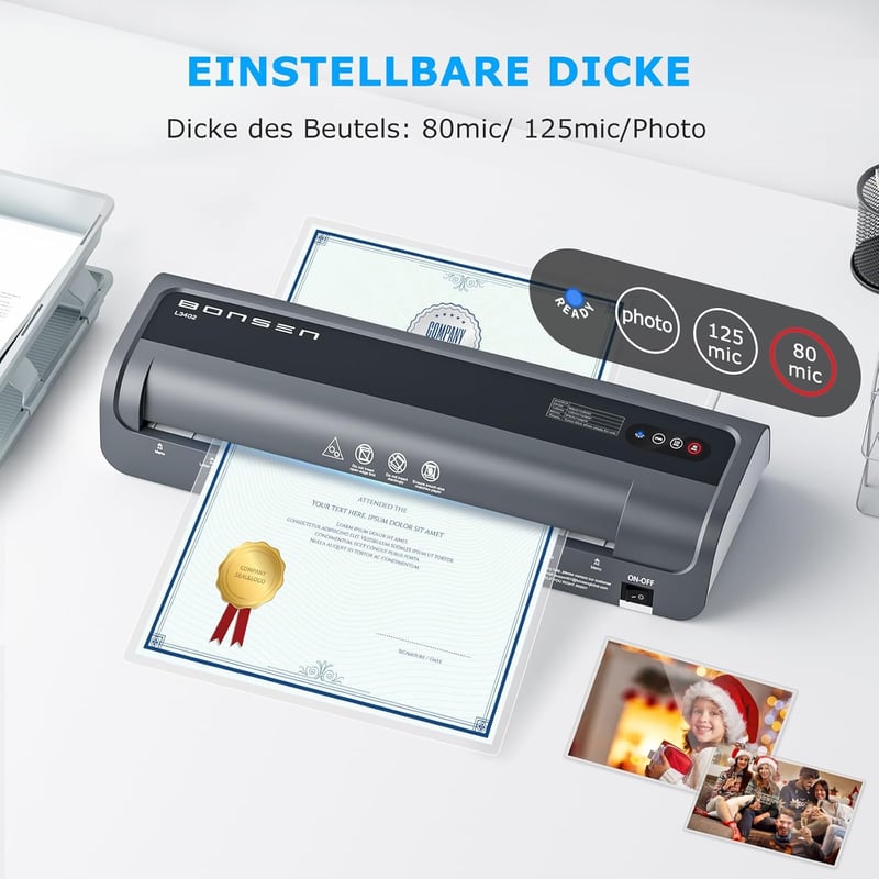 BONSEN A3 Laminátor Never Jam technológiával, 100 lamináló tasak, NTC hőmérséklet szabályozás