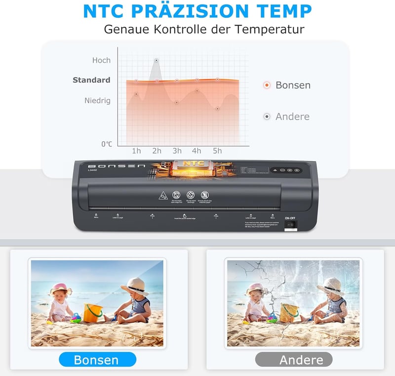 BONSEN A3 Laminátor Never Jam technológiával, 100 lamináló tasak, NTC hőmérséklet szabályozás