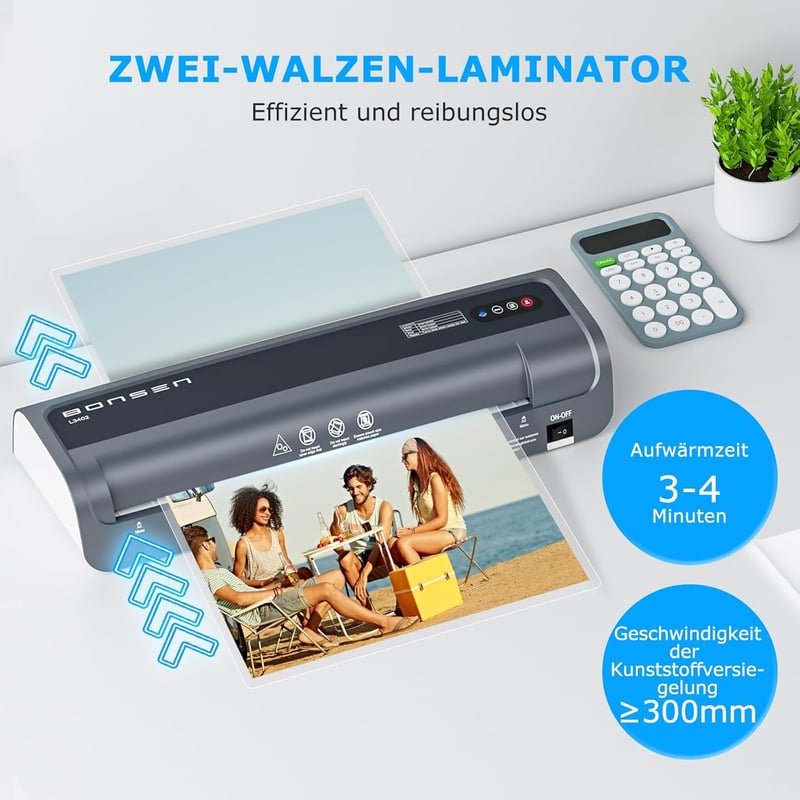 BONSEN A3 Laminátor Never Jam technológiával, 100 lamináló tasak, NTC hőmérséklet szabályozás