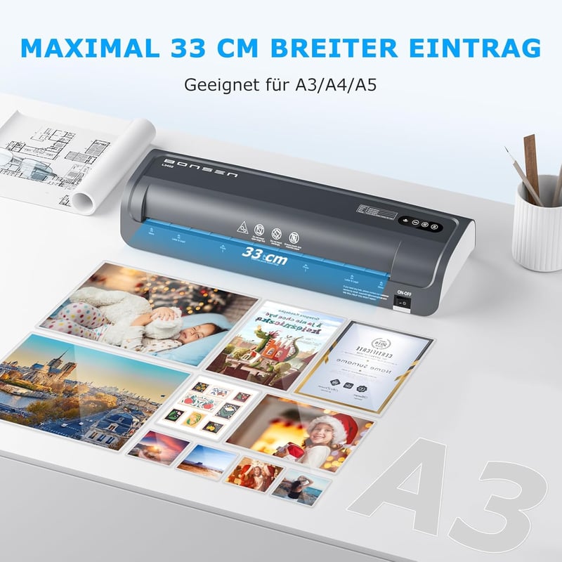 BONSEN A3 Laminátor Never Jam technológiával, 100 lamináló tasak, NTC hőmérséklet szabályozás