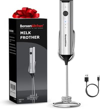 Bonsenkitchen USB-s tölthető kézi tejhabosító állvánnyal, rozsdamentes acél 1