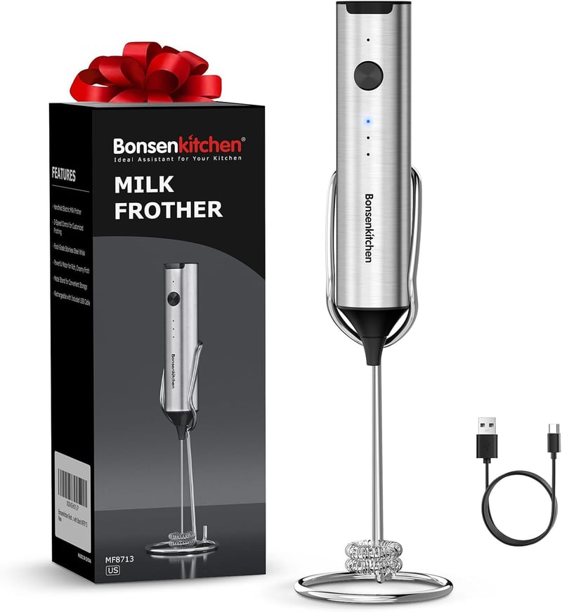 Bonsenkitchen USB-s tölthető kézi tejhabosító állvánnyal, rozsdamentes acél