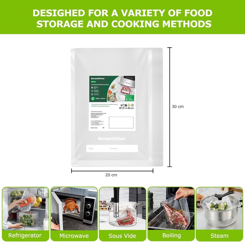Bonsenkitchen Vákuum Tárolósákok 100db 20x30cm Élelmiszer Friss Tartásához