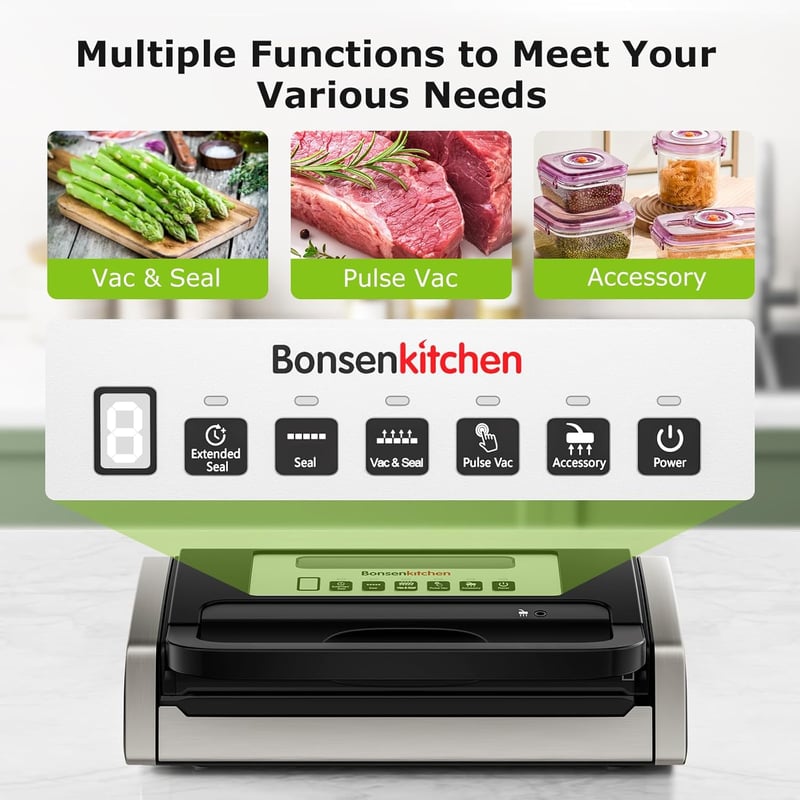 Bonsenkitchen Vákuumfóliázó Gép Globefish Technológiával - Műanyag Házas Élelmiszer Tartósító 125W - 2 Tekercs Tasakkal