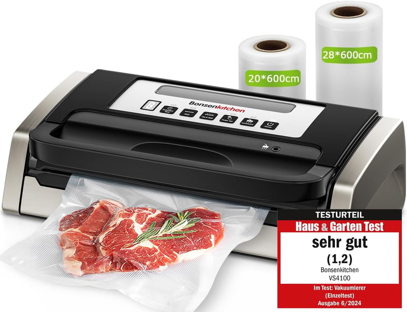 Bonsenkitchen Vákuumfóliázó Gép Globefish Technológiával - Műanyag Házas Élelmiszer Tartósító 125W - 2 Tekercs Tasakkal