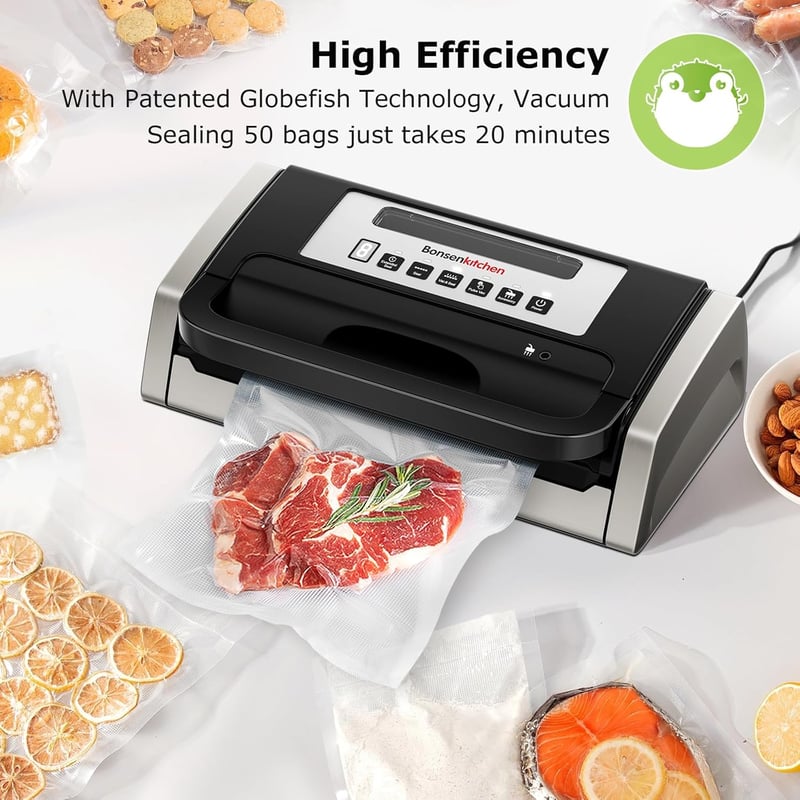 Bonsenkitchen Vákuumfóliázó Gép Globefish Technológiával - Műanyag Házas Élelmiszer Tartósító 125W - 2 Tekercs Tasakkal