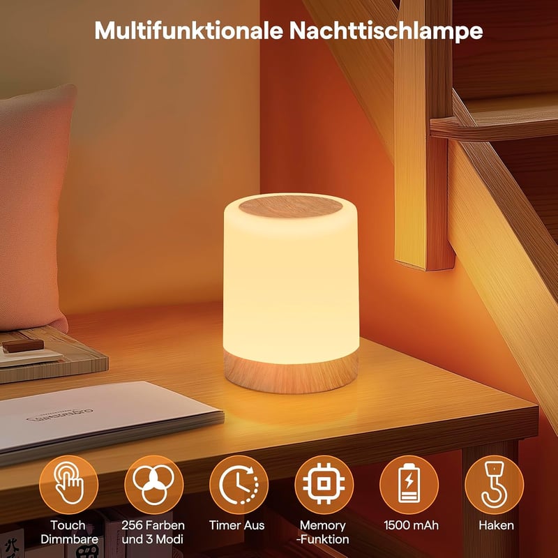 Bonsery érintős LED éjjeli lámpa 256 színnel, 3 fénymóddal, tompítható, USB tölthető kábel nélküli időzítővel és memóriával, kampóval, gyere