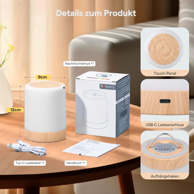Bonsery érintős LED éjjeli lámpa 256 színnel, 3 fénymóddal, tompítható, USB tölthető kábel nélküli időzítővel és memóriával, kampóval, gyere